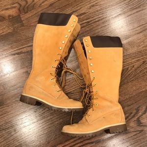 Knee-high timberland boots.